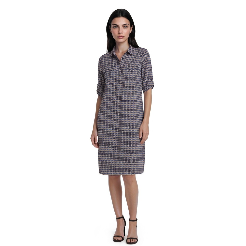 J.McLaughlin Jersey Shift Dress Women's Size Large Blue Tan Geometric Button Tab